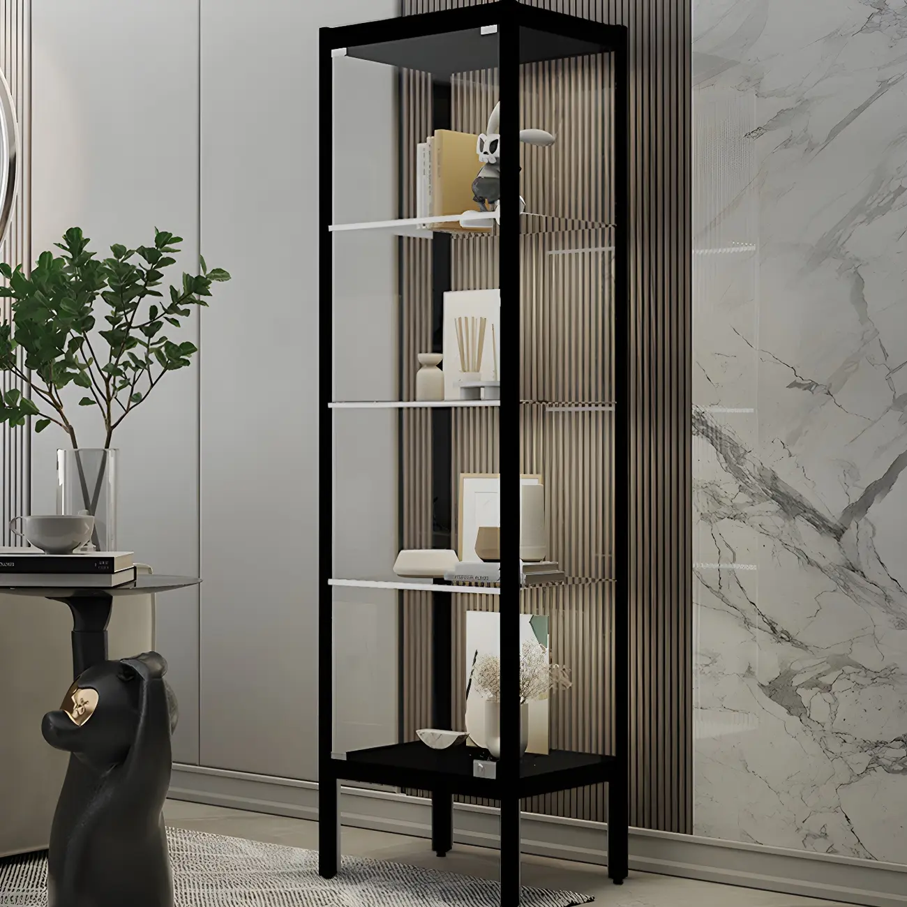 Adjustable Shelves Black Metal Glass Doors Display Cabinet