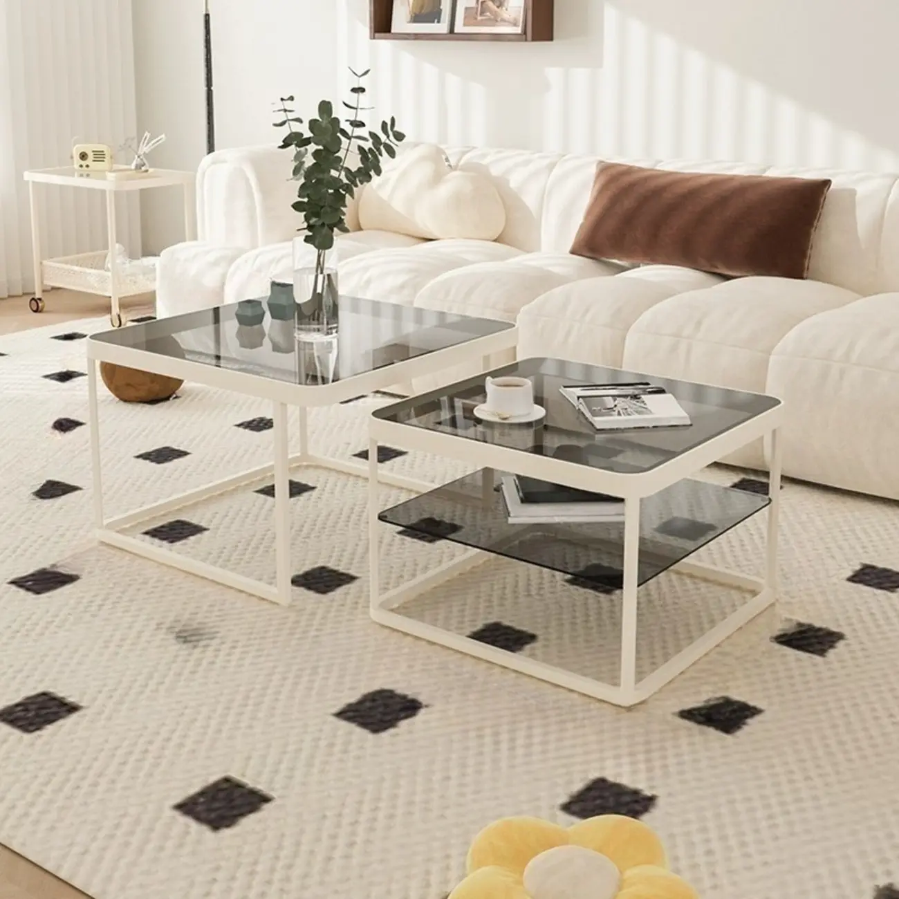 Modern Glass Nesting Coffee Table in Black with Storage