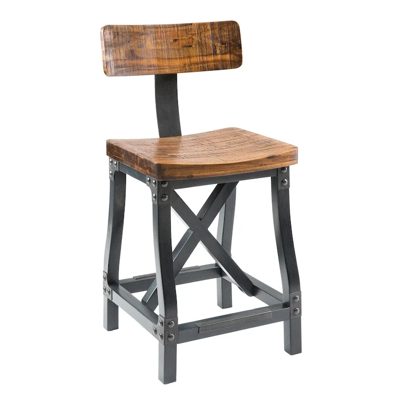 Amber/Oak Industrial Wood & Metal Counter Stool with Removable Back, 1-Person