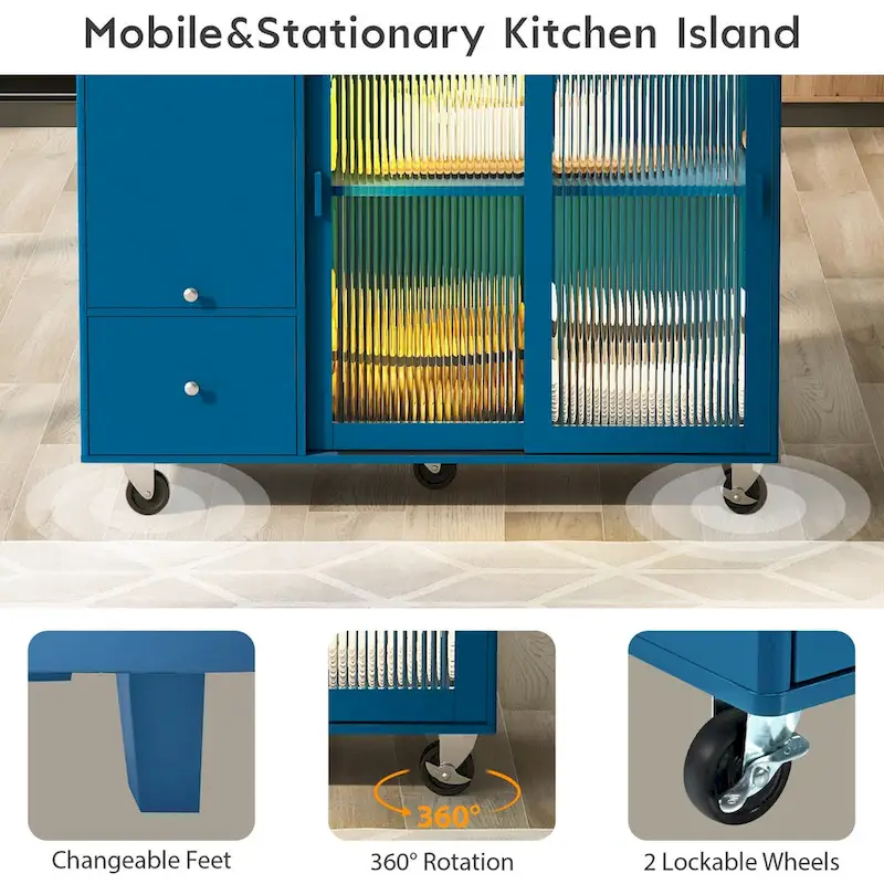 44 in. W Kitchen Island Rubber Wood Drop-Leaf Countertop on 5 Wheels with an Adjustable Shelf and 2 Drawers - 44