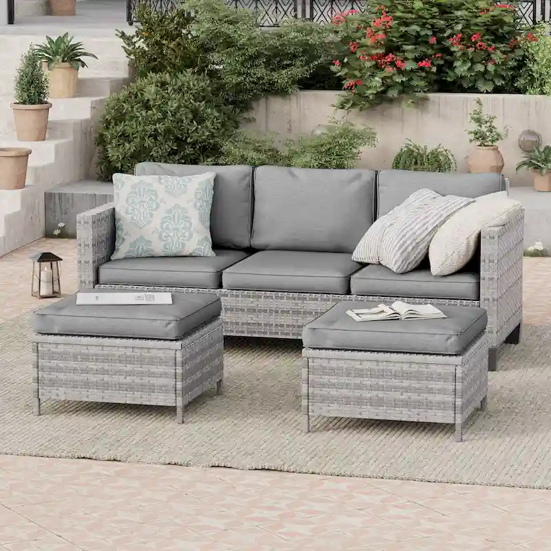 BONOSUKI 3-Piece Patio Sofa Set Grey Rattan Furniture with Ottomans
