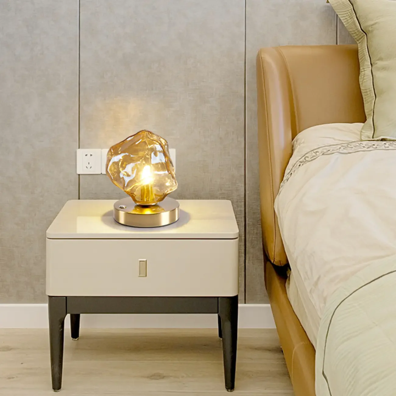 Stylish Wooden Base Glass Table Lamp Plug-In for Bedroom