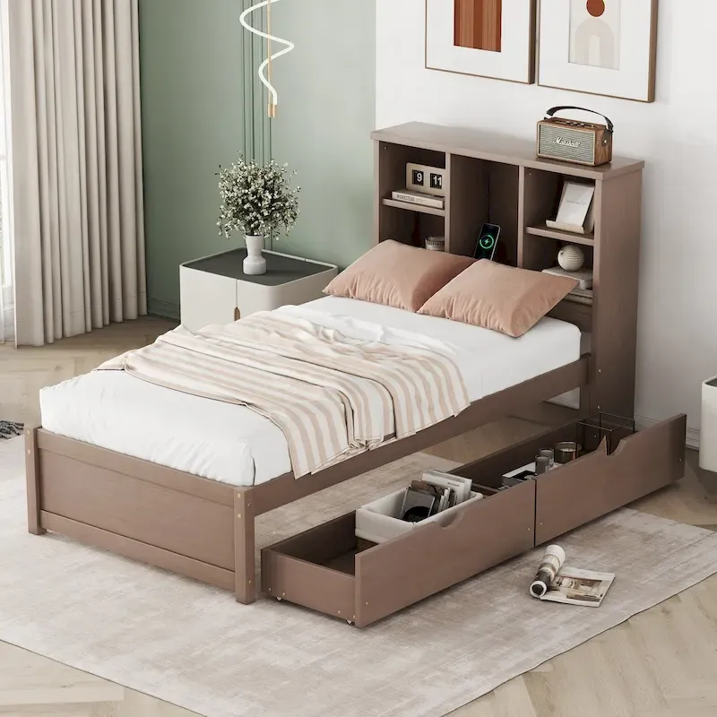 Walnut / Grey / White Washed Twin Size Bed with Bookcase Headboard, USB Port & 2 Drawers – Single