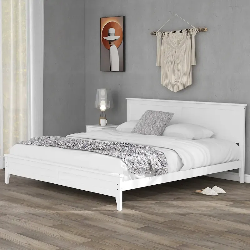 Modern White Solid Wood Platform Bed