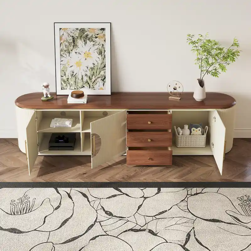 78.74  Mid-Century TV Stands, Brown Solid Wood Veneer, Media Console With 5 Cabinets,3 Drawers, Beige,Fully Assembled - 78.74