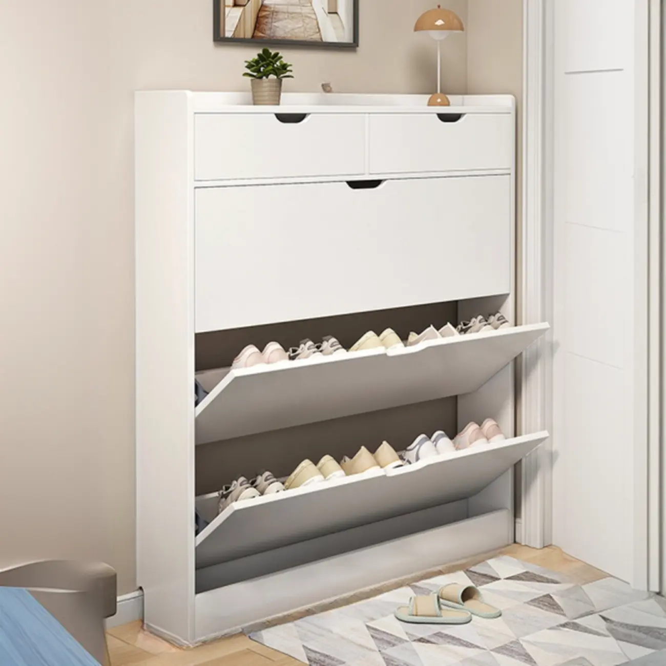 Entryway Modern Wood Shoe Cabinet with Flip-Out Drawer