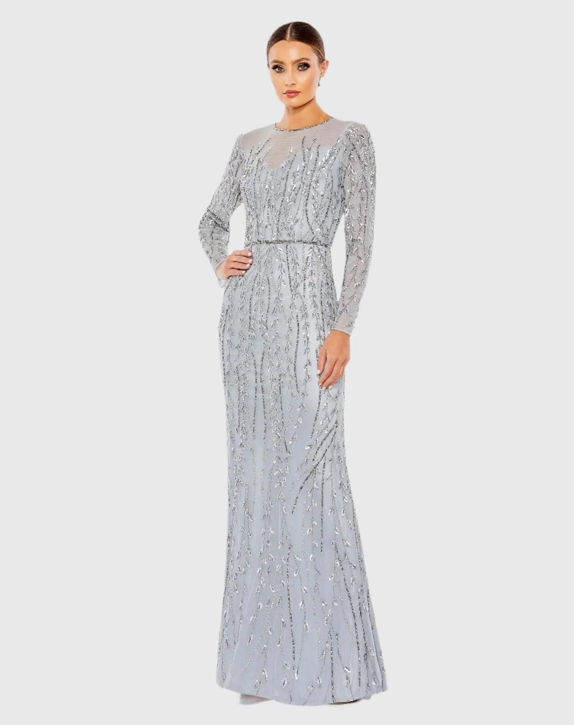 Blue Embellished Illusion High Neck Long Sleeve Gown