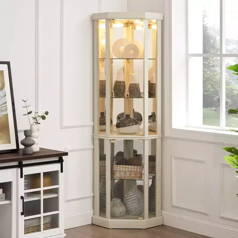 Okak Corner Cabinet, Curio Cabinet with Glass Doors and Shelves, Corner Display Case for Living Room