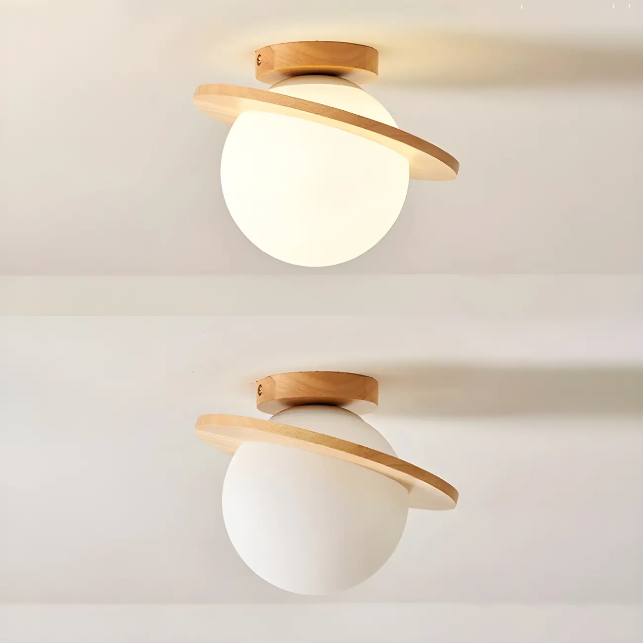 Circular Glass Ball Natural Wood Semi Flush Ceiling Light