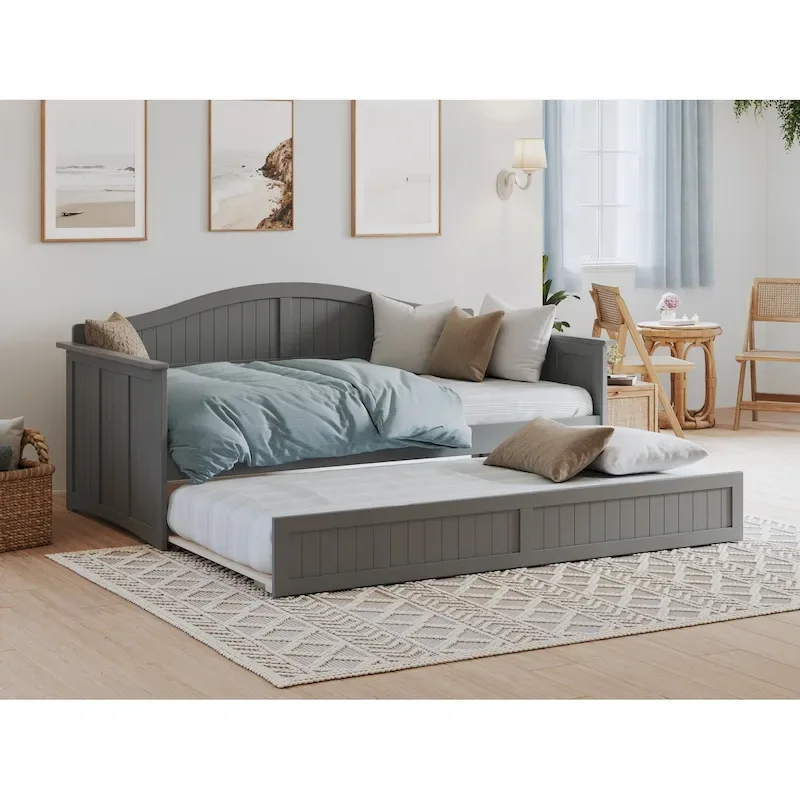 Twin Wood Daybed with Trundle - Beadboard Design, 600lbs Capacity, White/Walnut/Grey/Toffee, No Box Spring Needed