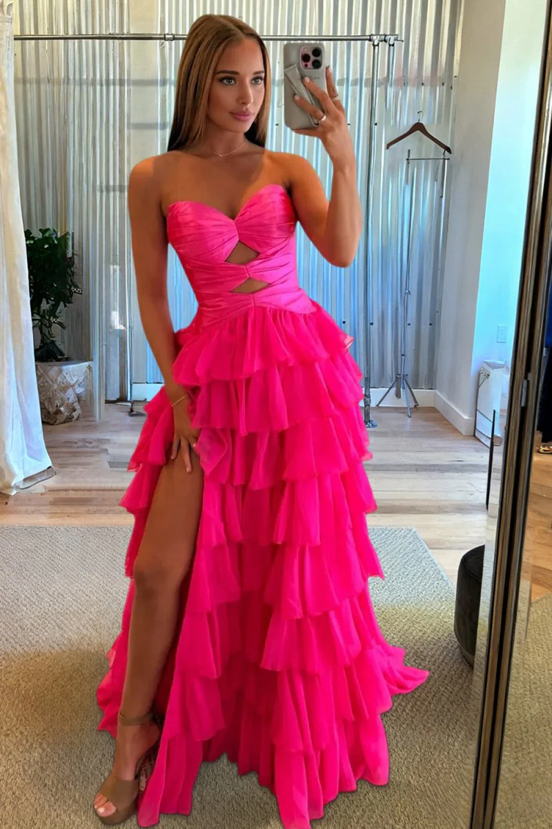 Fuchsia Strapless A Line Chiffon Ruffled Prom Dresses With Cutout