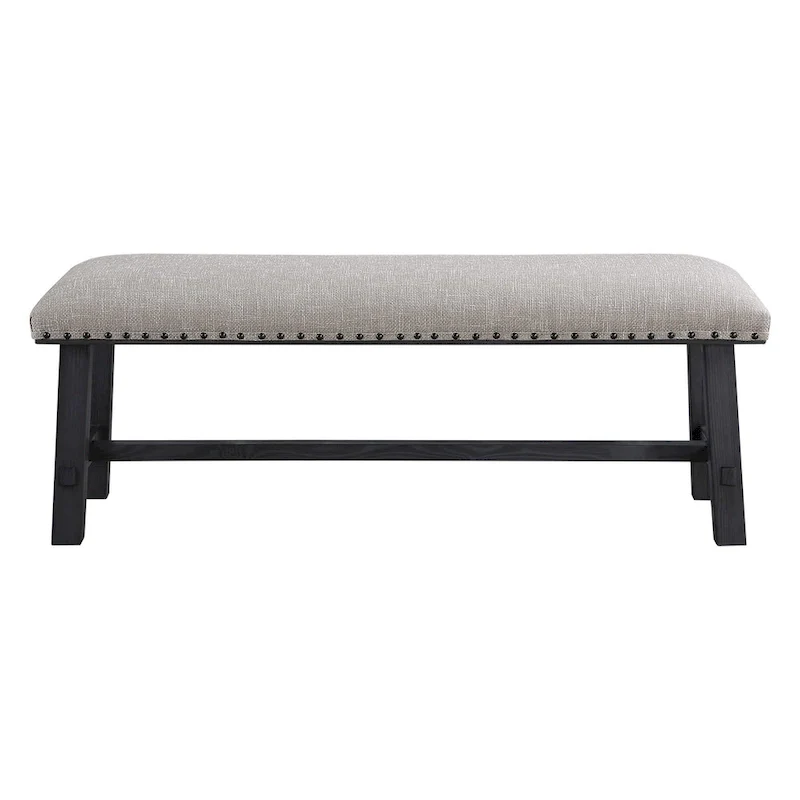 Home and Office Furniture Bench with Antique Grey Frame and Antique Bronze Nailhead Trim in Grey Fabric