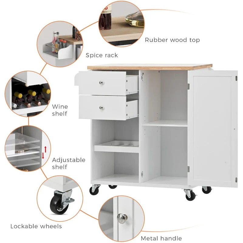 41.3 in. Rolling Kitchen Island with Spice Rack and Two Drawers