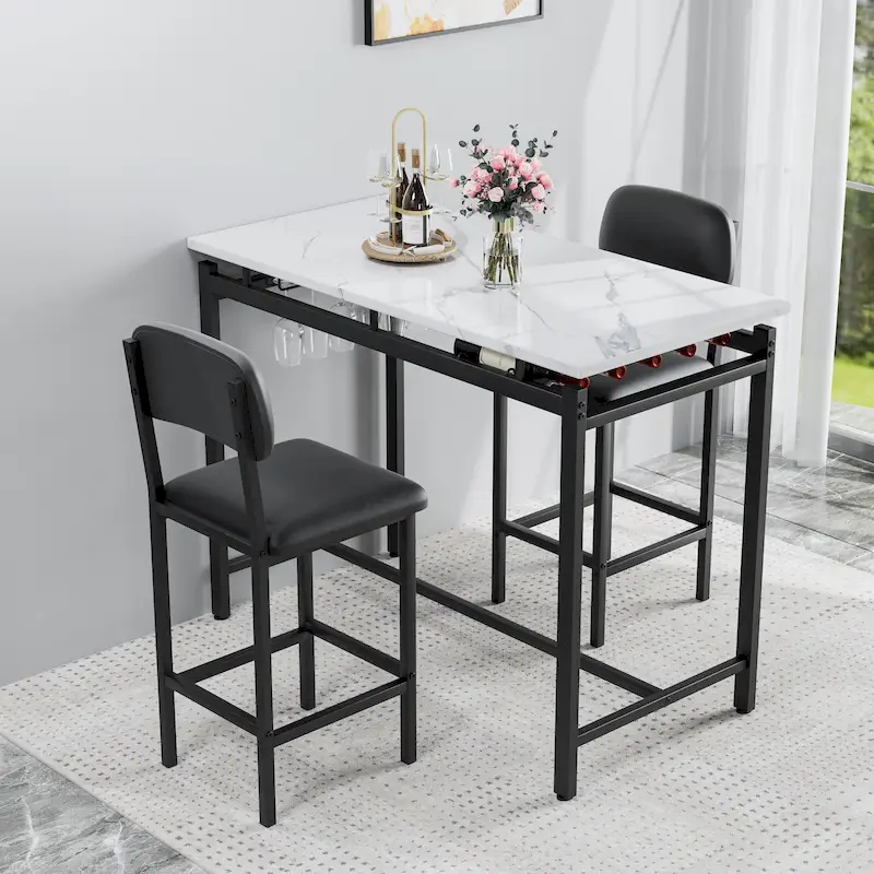 White Marble-Top Bar Table Set with 2 Stools, 2-Person