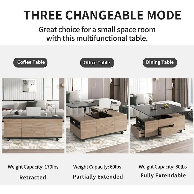 Modern Walnut & White Lift Top Coffee Table Multifunctional Table with Drawers & Shelves