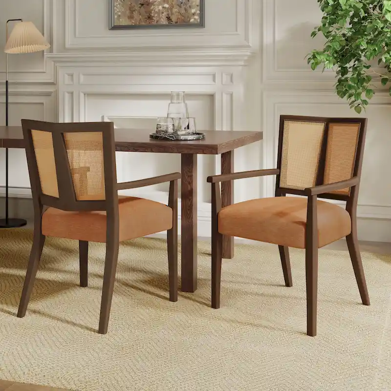 Christopher Knight Home - Harrison Mid-Century Upholstered Arm Dining Chair Set of 2 with Rattan Back