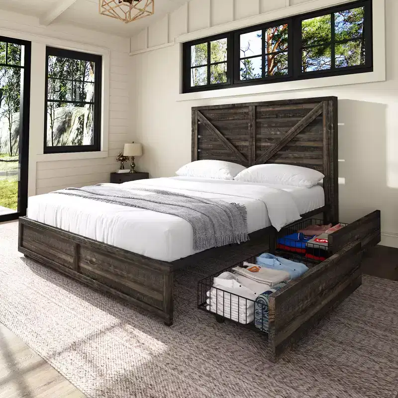 AMERLIFE Farmhouse Bed Frame with 4 Drawers and Headboard
