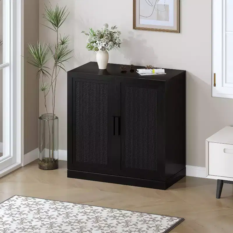 Adam Black Wood Grain Storage Cabinet with Wicker Door (31x31x16)