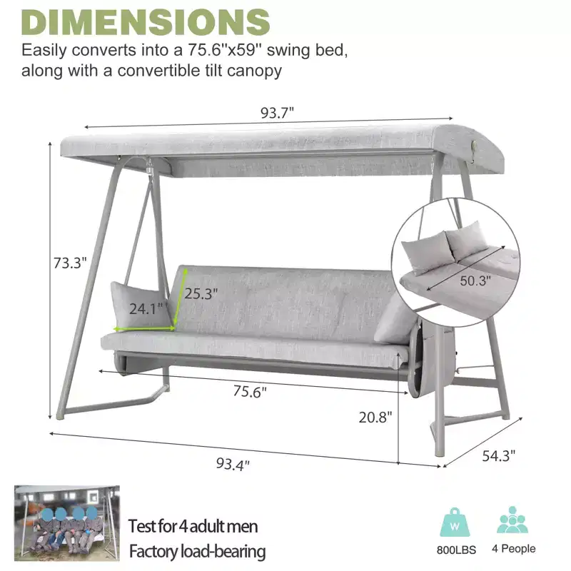 Whisen 93.8 in. W 3-Person Metal Patio Swing Chair Swing Bed with Cushion and Adjustable Canopy