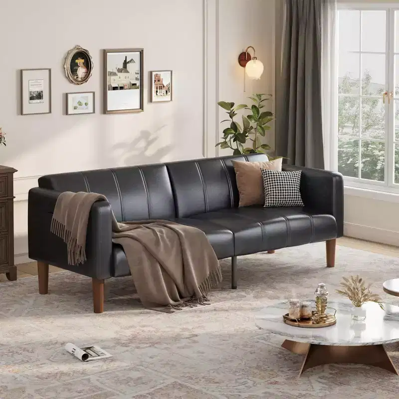 Convertible Futon Sofa Bed, 75 Faux Leather Loveseat with 3 Adjustable Angles, Mid-Century Modern Couch for Living Room Guest Bedroom