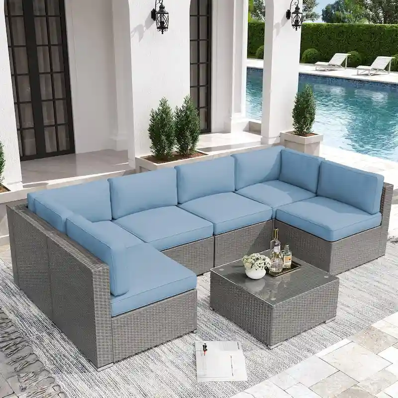 7 Piece Outdoor Patio Furniture Set Grey/Black Wicker Conversation Sectional Sofa Set with Coffee Table and Cushions