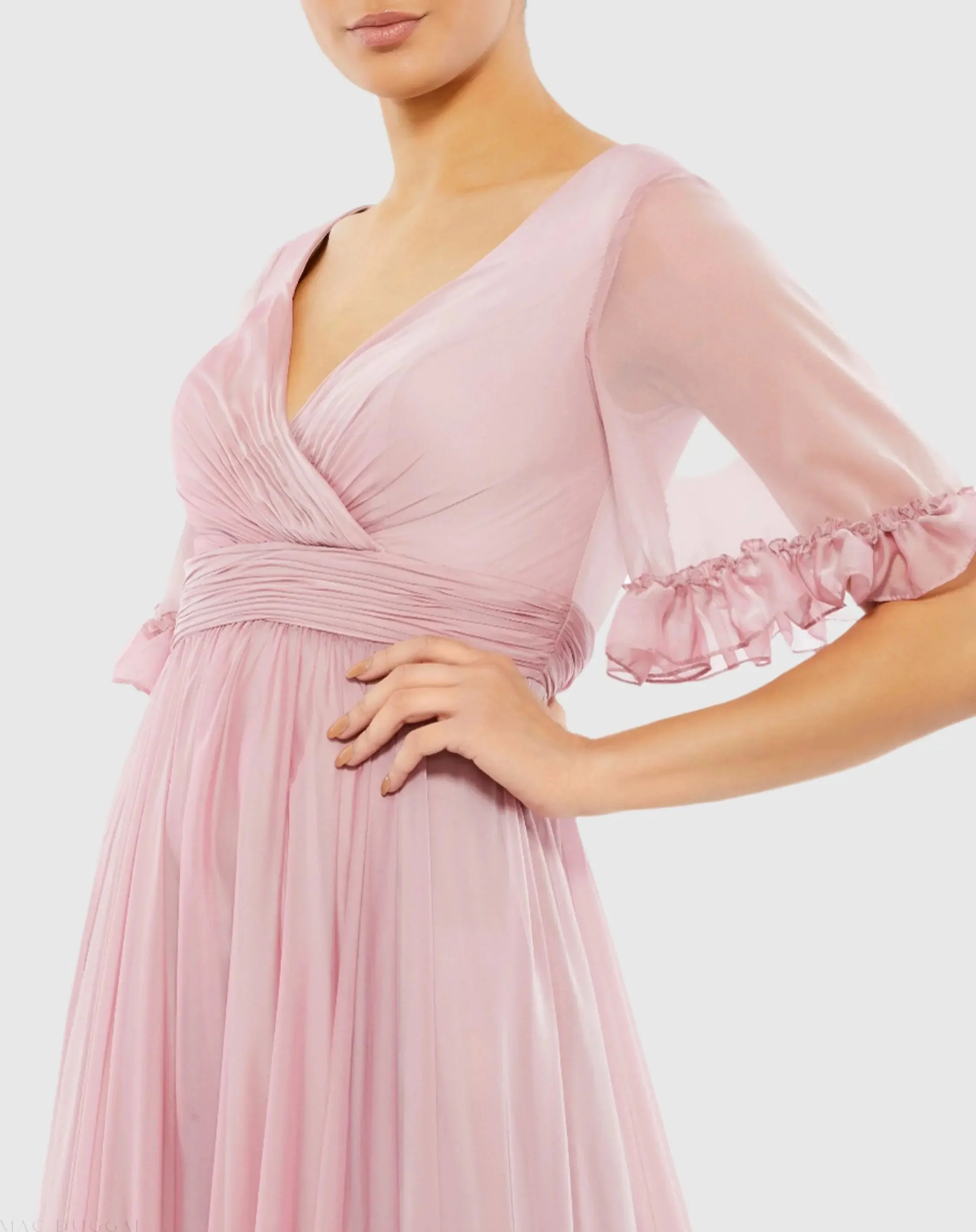 Pink Butterfly Ruffle Trimmed Sleeve Wrap Over Flowy Gown