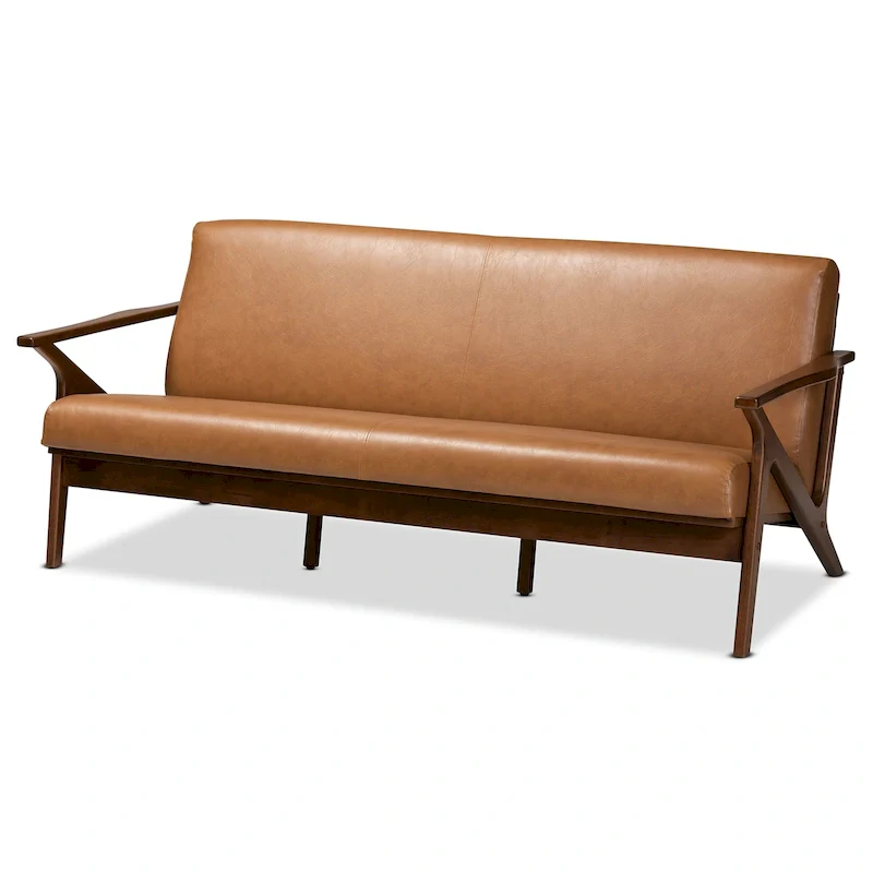 Mid-Century Modern Wood and Faux Leather Living Room Sofa