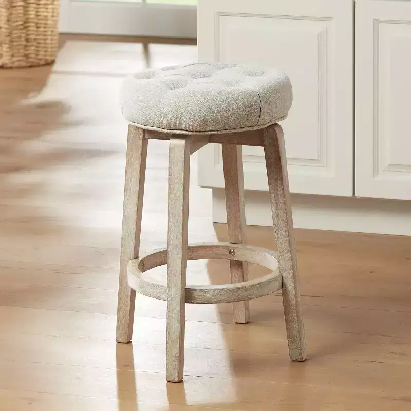 55 Downing Street Shelby White Wood Swivel Bar Stool 26 High Farmhouse Rustic Oatmeal Upholstered Cushion with Footrest for Kitchen Counter Height