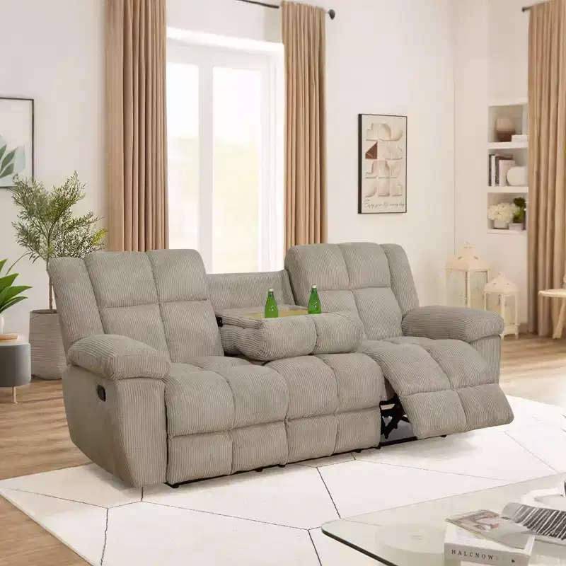 MAYEERTY Reclining Sofa, 3-Seat Corduroy Fabric Recliner with Adjustable Backrests for Living Room, Beige