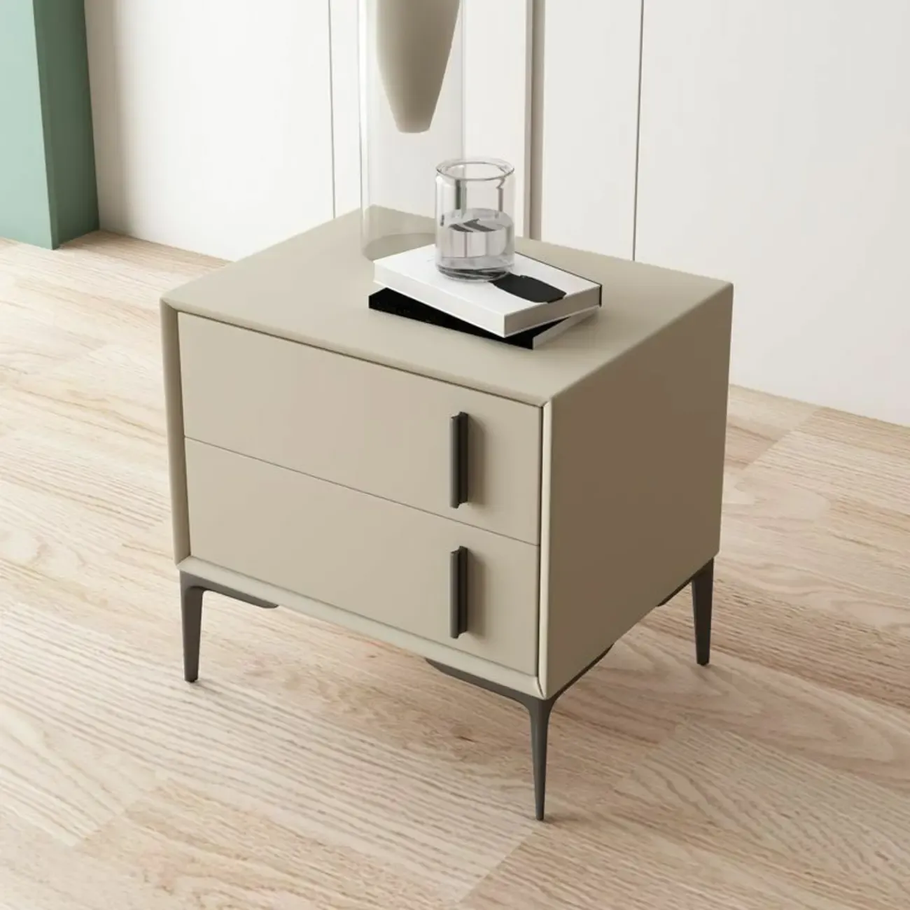 Modern Apricot Faux Leather Wood 2-Drawer Nightstand