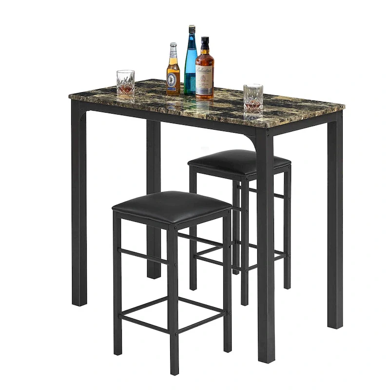 White Marble Pattern Counter Dining Set, Modern Style, Seats 2, Set of 3