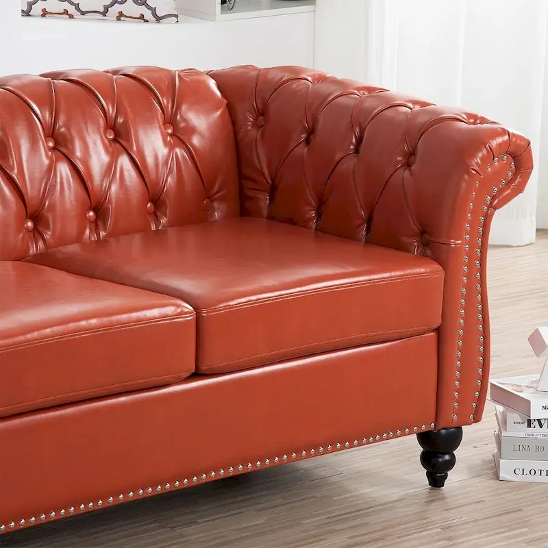 Tufted Sofa - Faux Leather, Rolled Arms Design, Seats 3