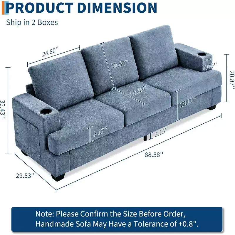 Garvee 89 Modern Sofa for Living Room, 3-Seater Comfy Couches with Deep Seat, Chenille Couch with Cup Holders and Side Storage Pockets