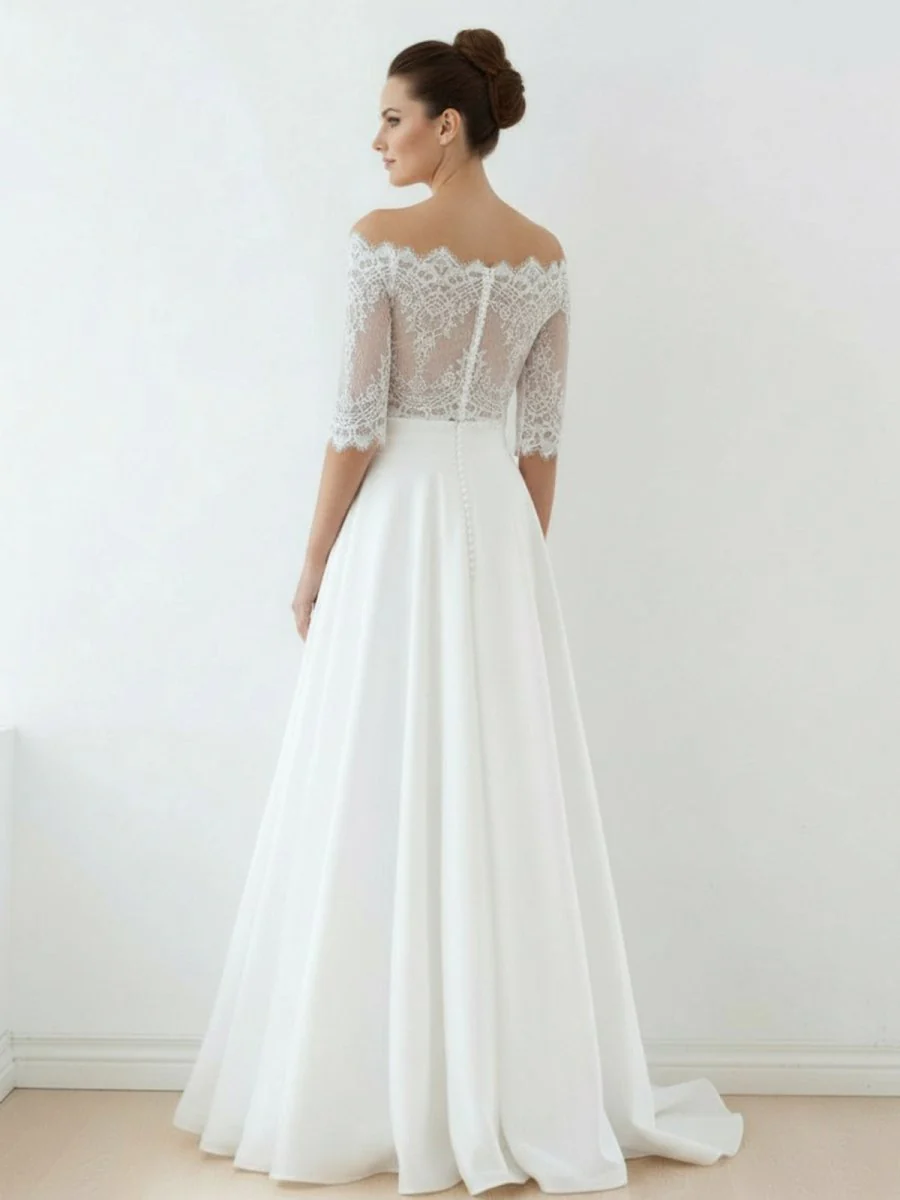 Off-The-Shoulder Lace A-Line Satin Two-Piece Wedding Dress With Sweep Train