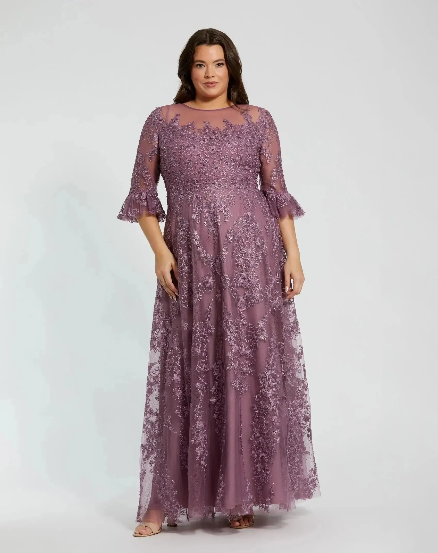 Purple High Neck Flutter Sleeve Embroidered A Line Gown (Plus)
