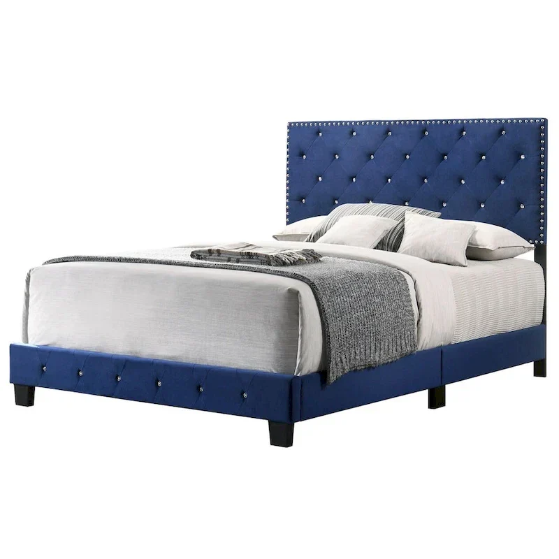 Velvet Tufted Faux Jewel Upholstered Full Panel Bed - 77 - Blue