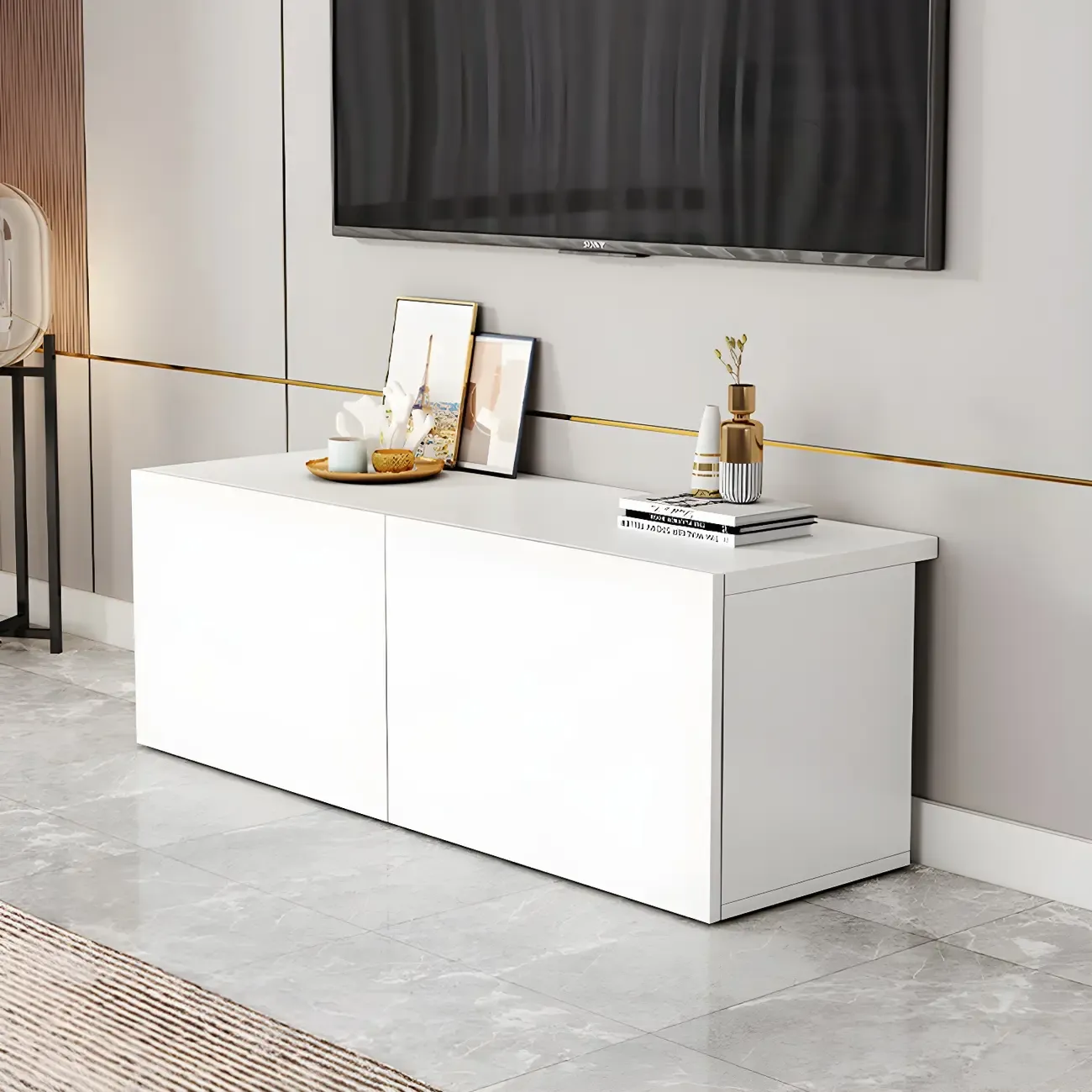 63 White Wooden Cable Management TV Stand with Drawers