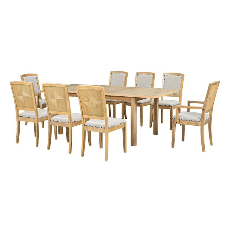 Rustic Extendable Dining Table Set with 24inch Removable Leaf, 6 Upholstered Armless Dining Chairs and 2 Padded Arm Chairs
