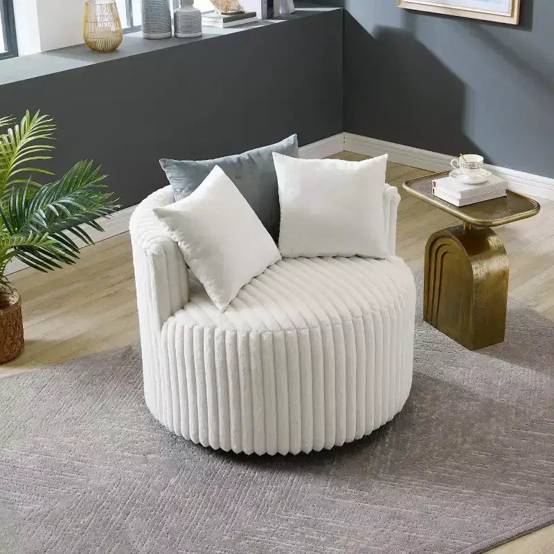 Roundhill Furniture Malna Plush Wide Wale Corduroy Upholstered Barrel Accent Chair with Wheels, Off-white