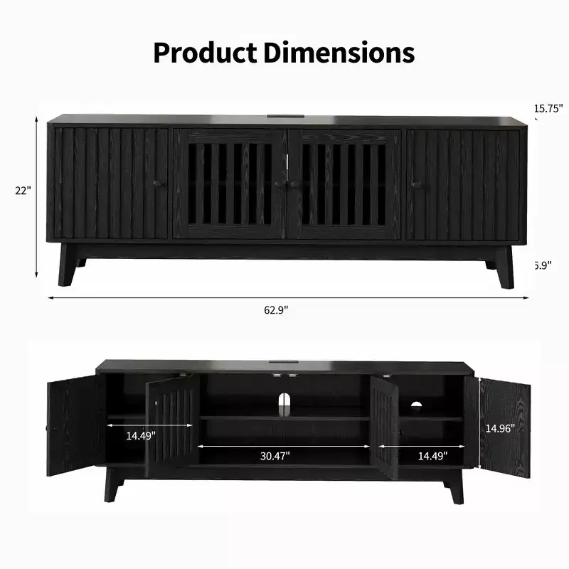 TV Stand for Living Room, 63 Entertainment Center for TVs Up to 70 with Power Outlet, Adjustable Storage Shelves, Media Console Table