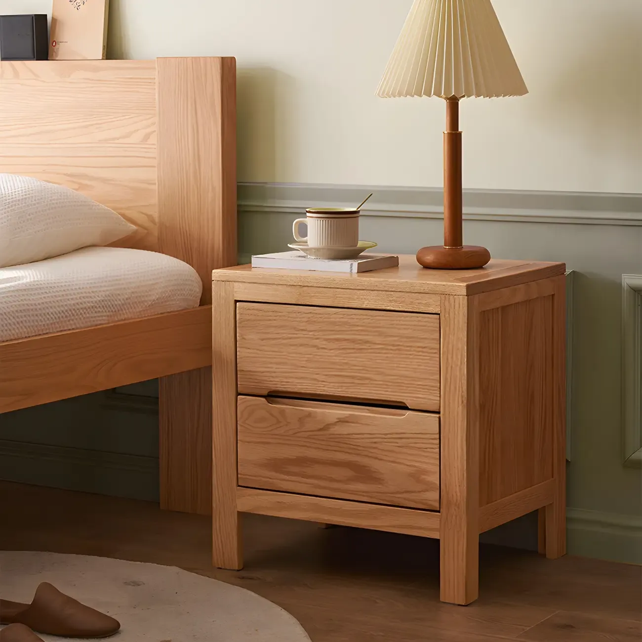 Rectangular Natural Wood 2 Drawer Bedside Nightstand