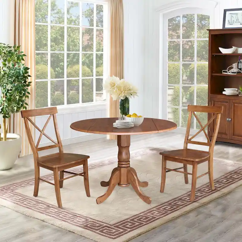 42 Solid Wood Dual Drop Leaf Table With 2 X-Back Chairs - 3 Piece Set