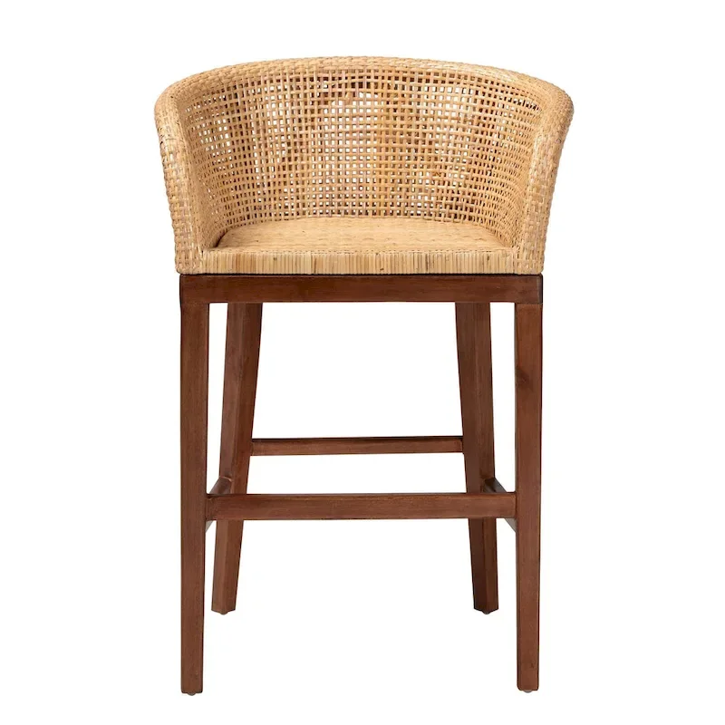 Papua Modern Bohemian Natural Rattan and Acacia Wood Counter Stool