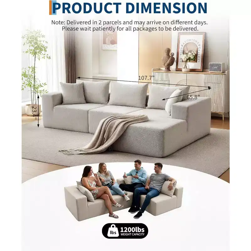 COZONY Modular L-Shaped Sectional Sofa, Fluffy Corduroy Couch with Chaise, Deep Seat, No Assembly for Living Room/Bedroom