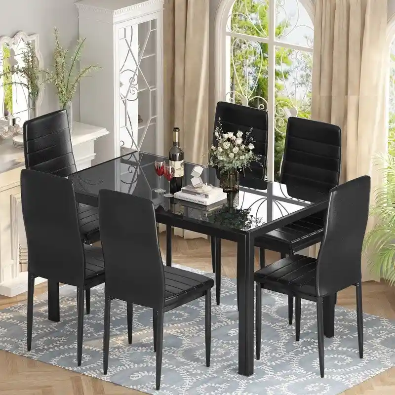 Modern Style 7-Piece Dining Table with Tempered Glass Top and PU Leather Chairs