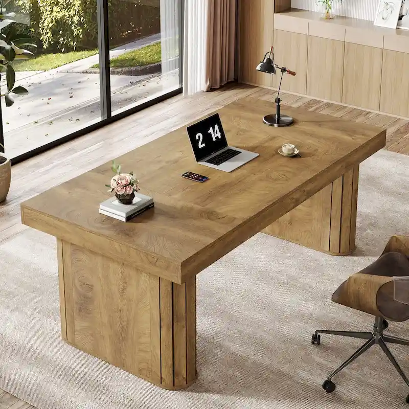 70.9 Executive Desk, Farmhouse Computer Desk, Large Workstation for Home Office, Brown
