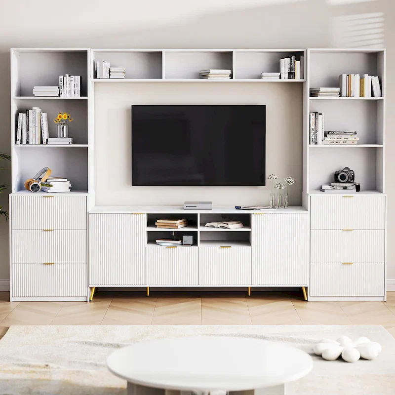White Fluted 4-Piece Entertainment Wall Unit, 8 Drawers & 2 Cabinets, 13 Shelves, Fits TVs up to 70