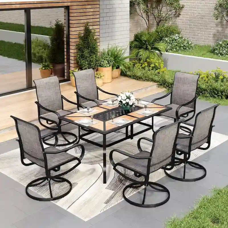 MAISONARTS 7 PCS Outdoor Patio Dining Set with High Back Textilene Swivel Chair and a Wood Grain Table with Umbrella Hole