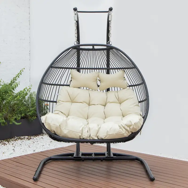 Double-Seat Folding Hanging Swing Chair with Stand & Cushion