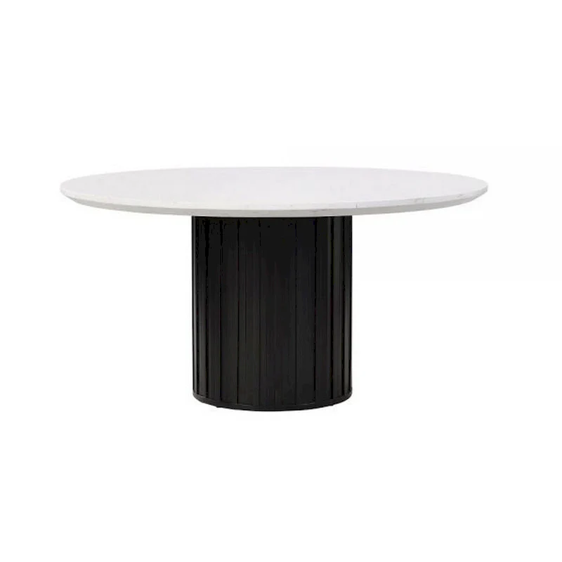 Jerry 54 Inch Dining Table, Round Faux Marble Top, Black Pedestal Base